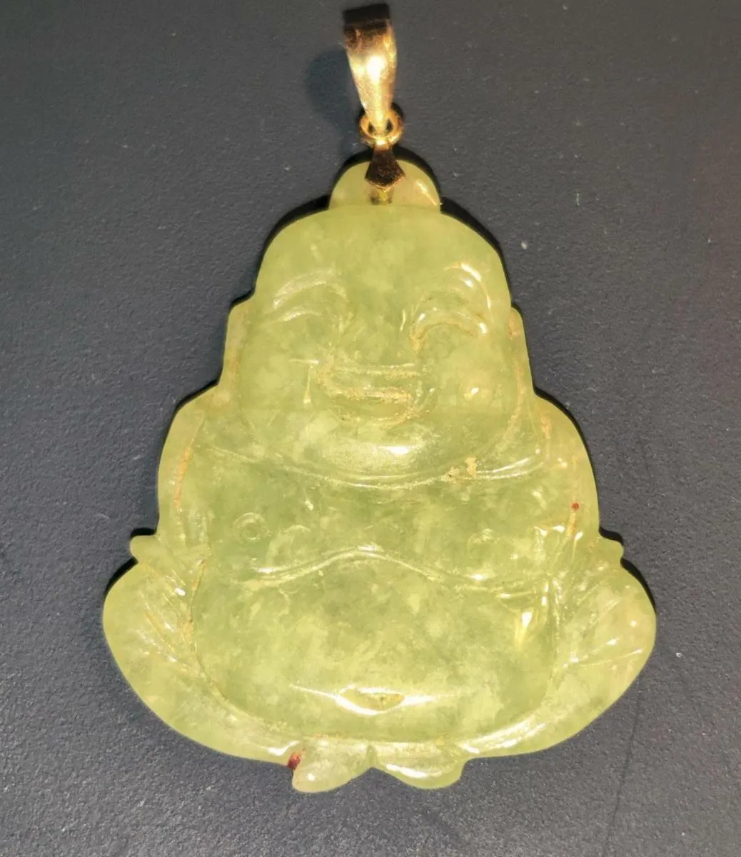 REAL GREEN JADE BUDDHA, 14CT Gold New Pendant ! - Image 1