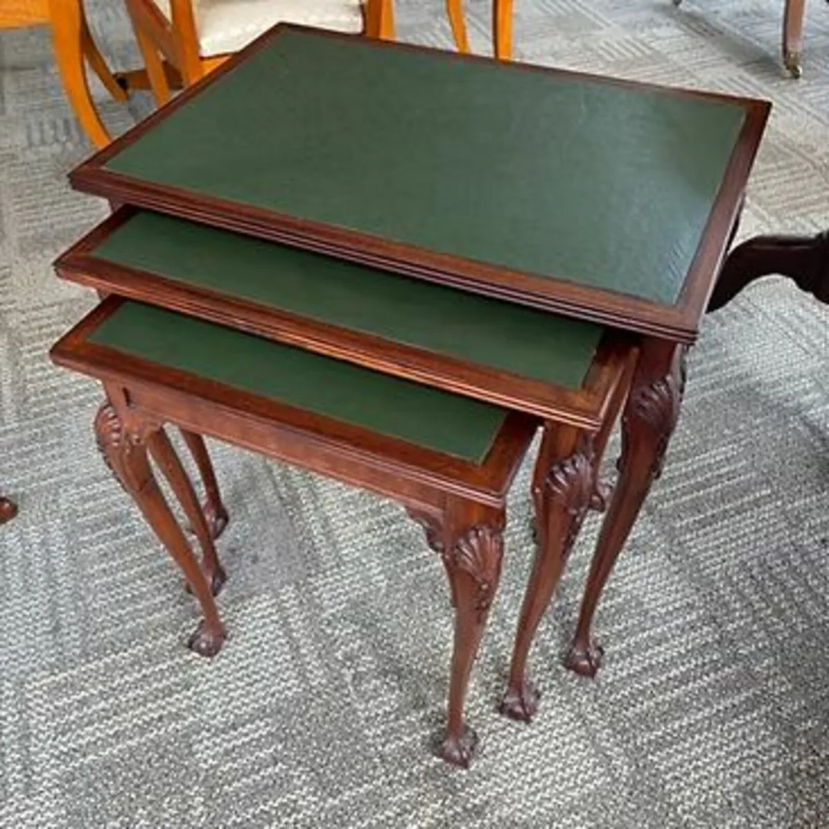 Fabulous mahogany nest of 3 tables with leather to