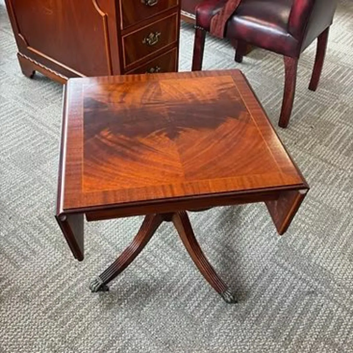 Fabulous mahogany inlaid drop leaf occasional tabl