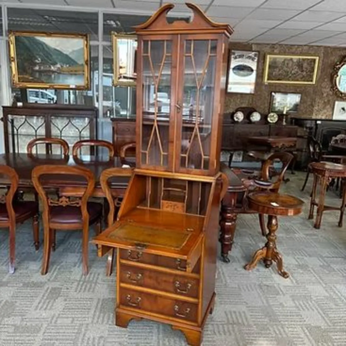 Beautiful yew writing bureau bookcase with double