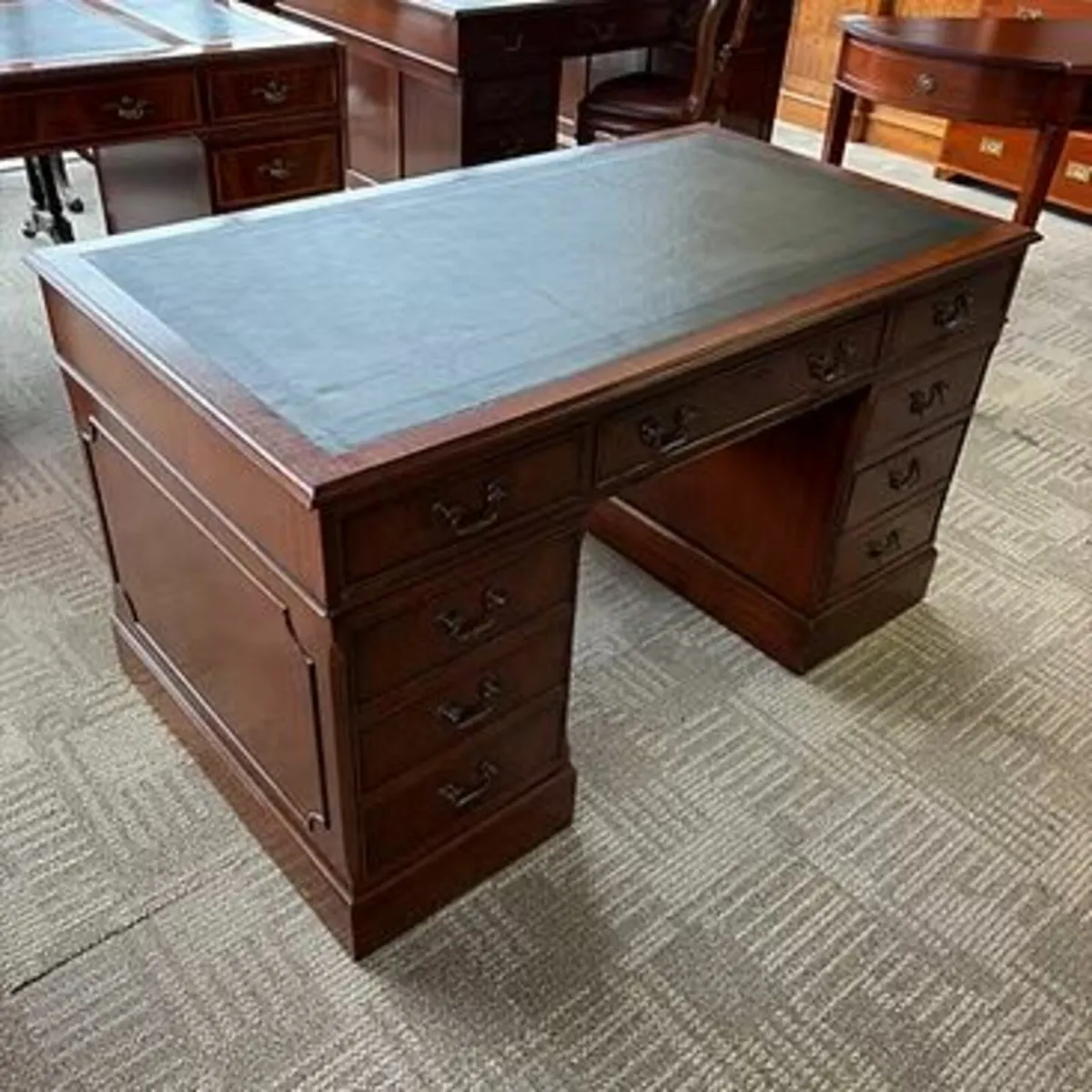 Beautiful green leather top twin pedestal writing