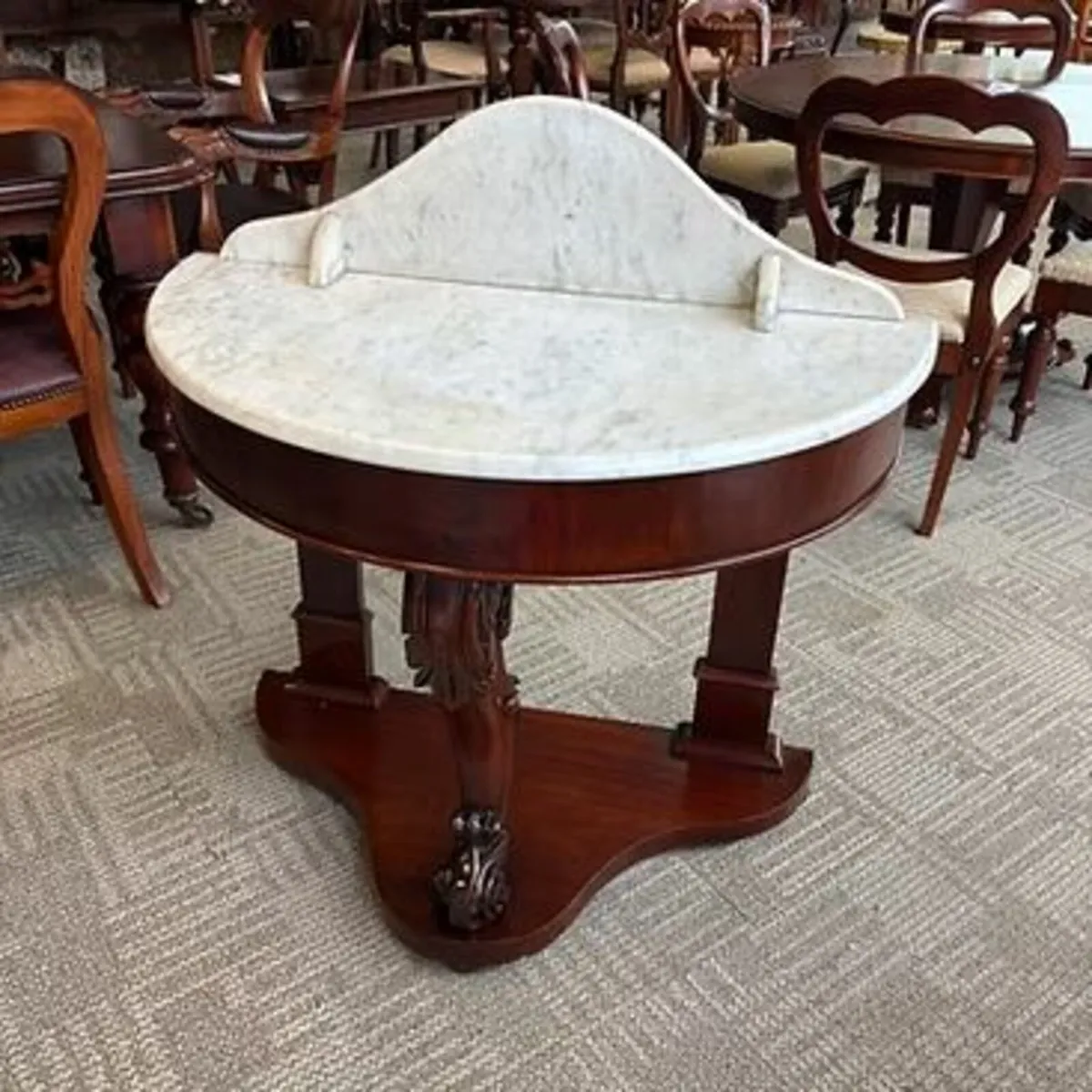 Fabulous mahogany demi lune marble top wash stand