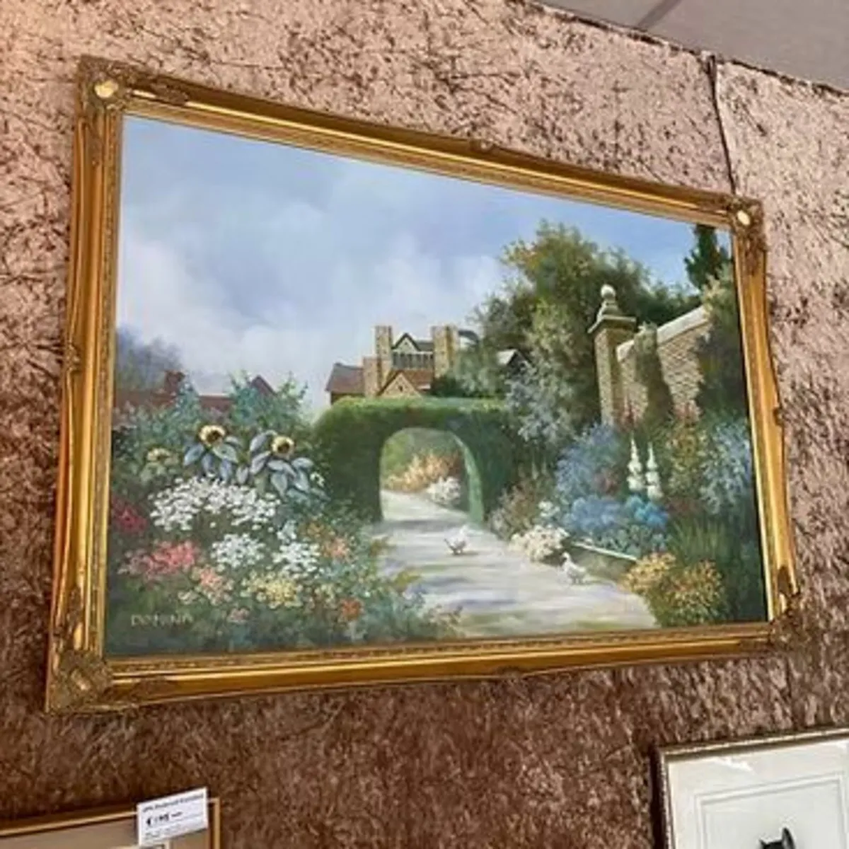"Ducks on a walk, floral scene" Signed. Oil on can