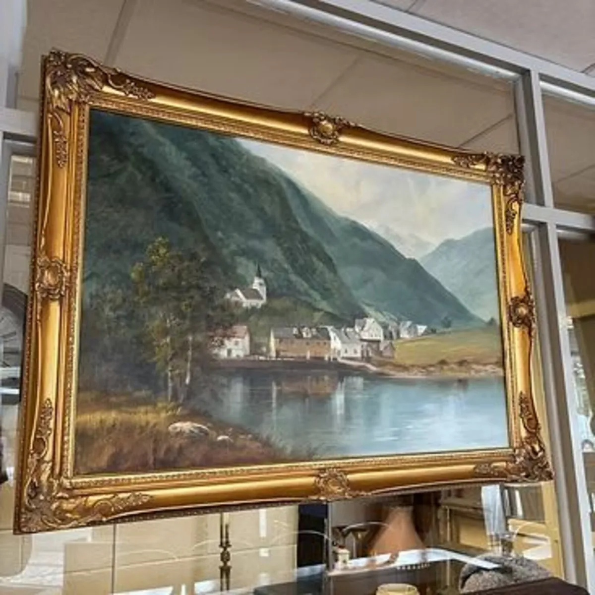 Jack R. Mould, lakeside village, oil on canvas, si