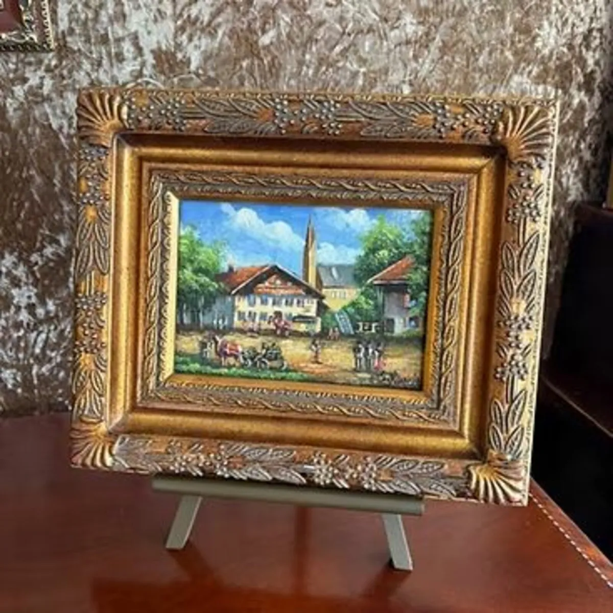 "Rural scene by the church tower" oil on canvas, s
