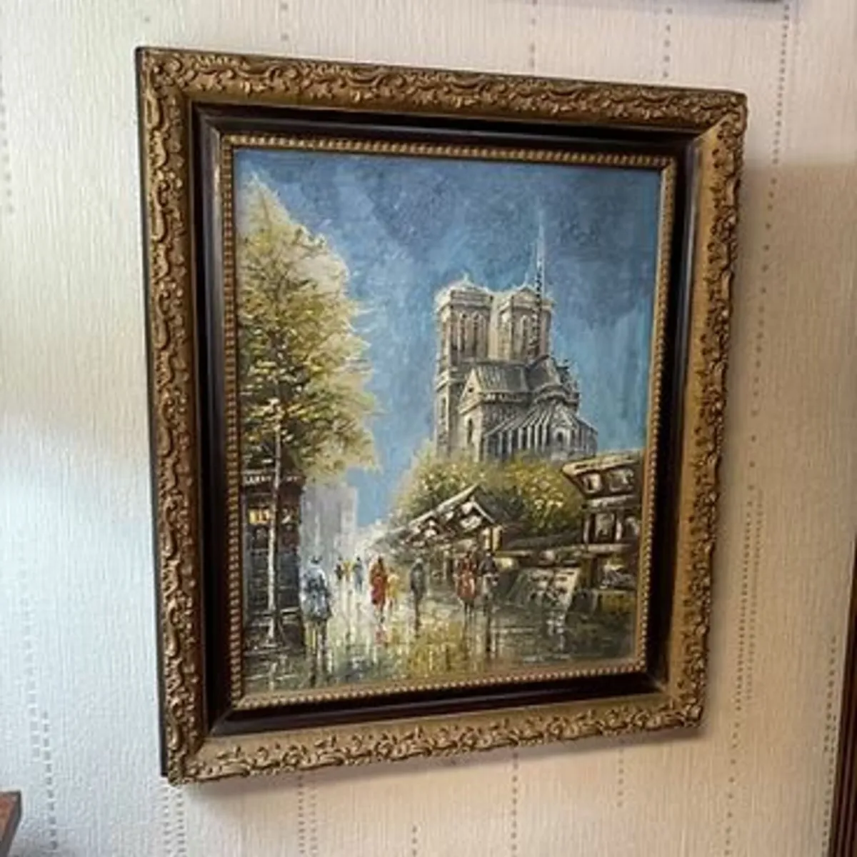 Oil painting depicting the Notre Dame Cathedral in