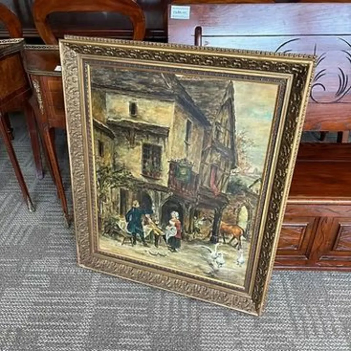 European village scene, drinking & farm animals. I