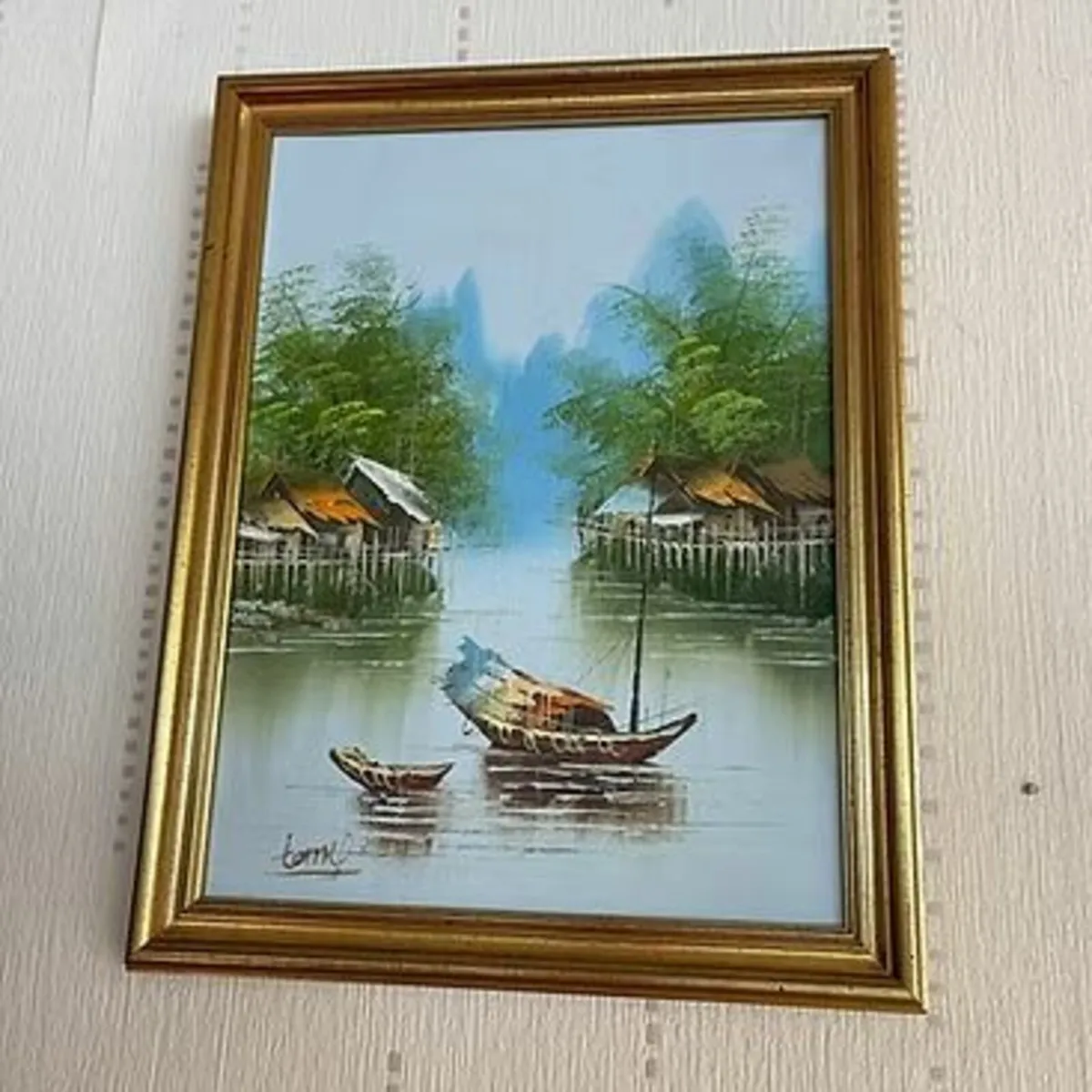 "Old canoe", oil on canvas, signed. Framed in a gi
