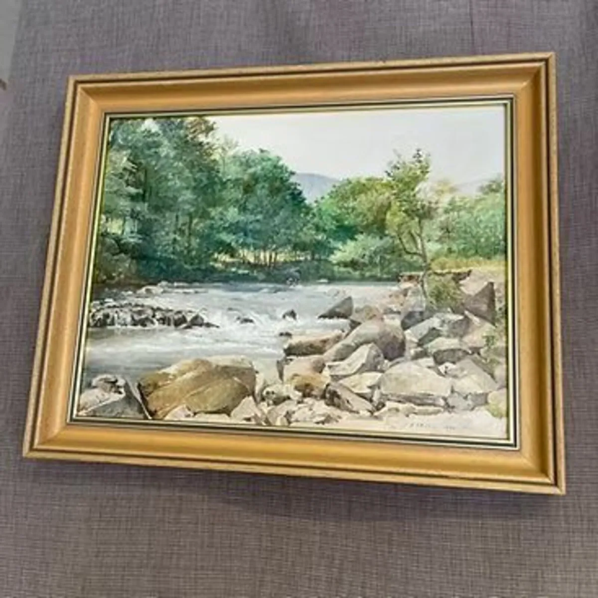 "River rocks" oil on board, signed, E. Filshie 199