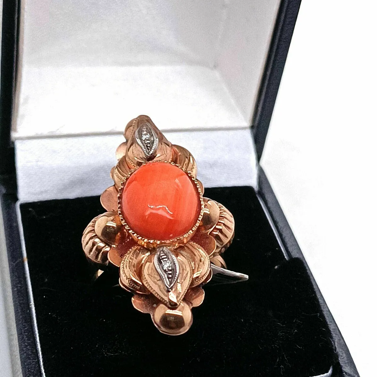 Victorian Red Coral & Diamond Fancy Ring 9k Gold - Image 1