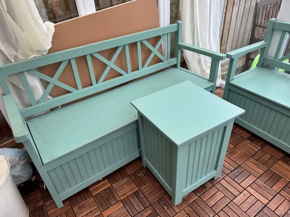 Two wooden storage benches + small table/chest - Image 2