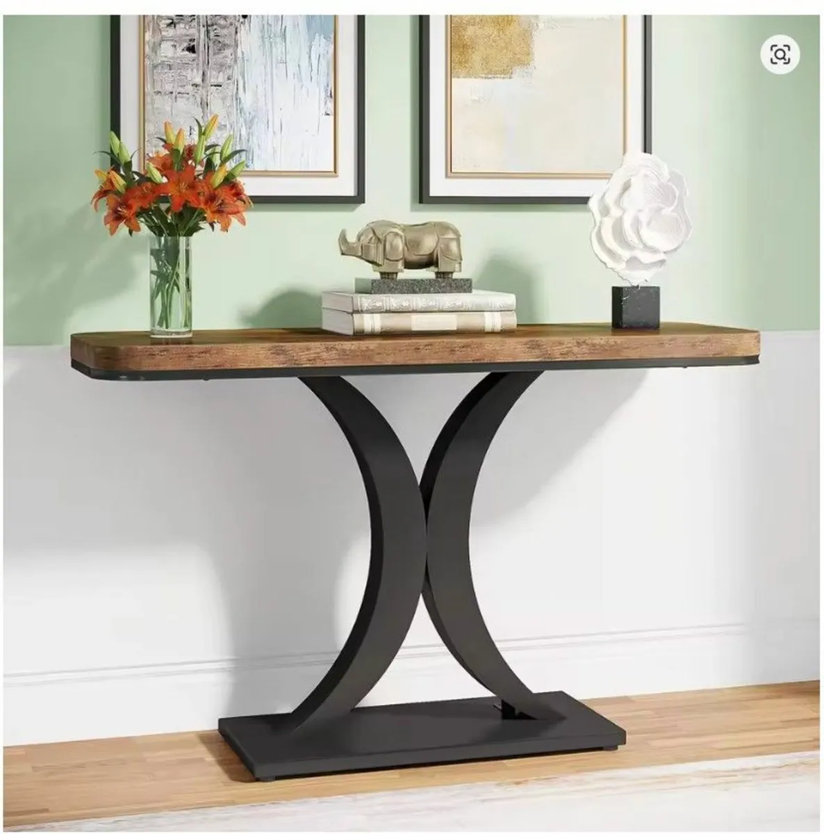 Rustic Brown Console Table with Curved Metal Base - Image 1