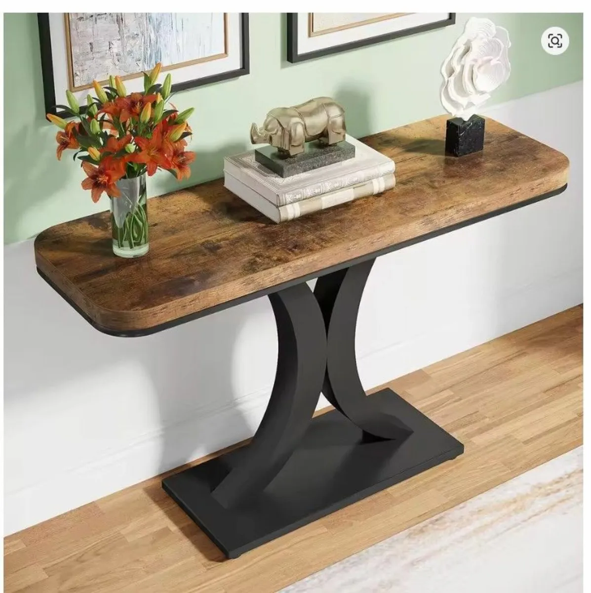 Rustic Brown Console Table with Curved Metal Base - Image 2