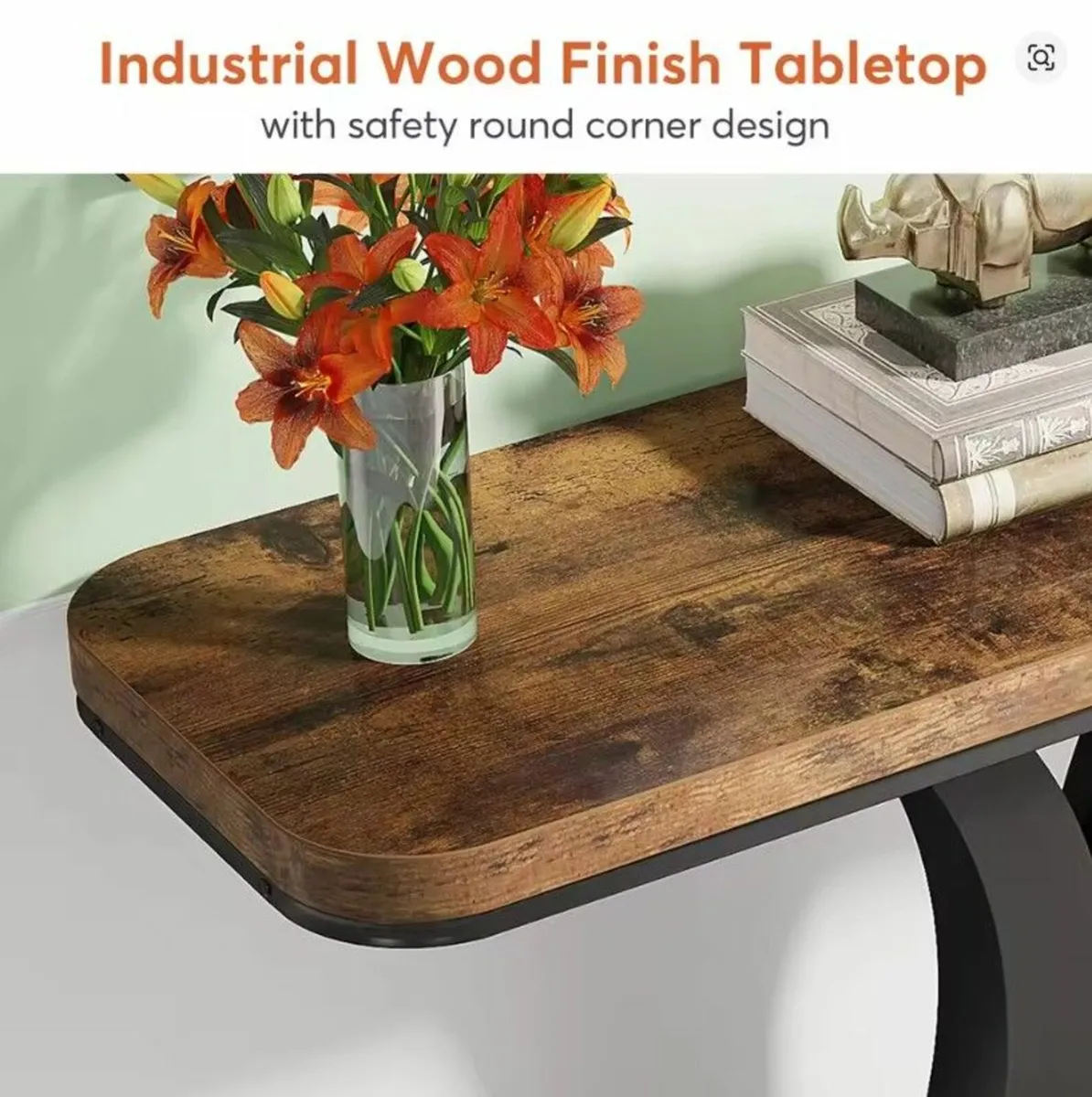 Rustic Brown Console Table with Curved Metal Base - Image 3