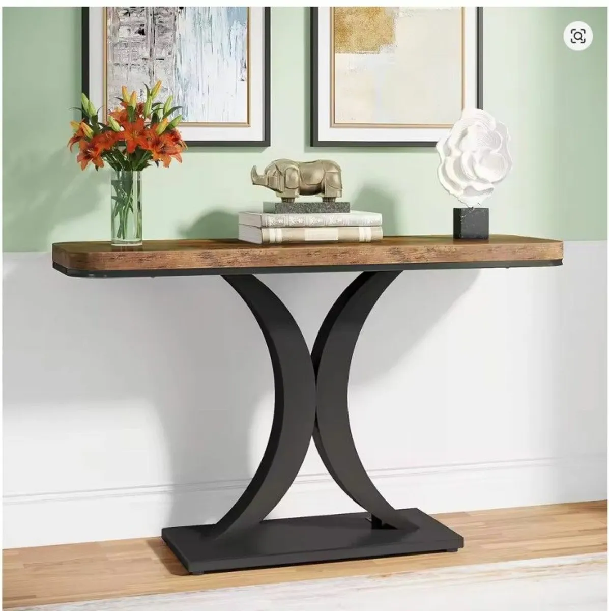 Rustic Brown Console Table with Curved Metal Base - Image 4