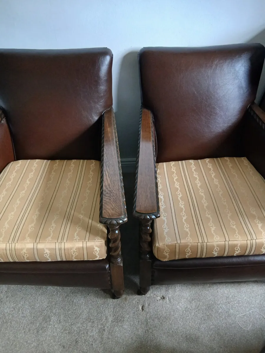 Antique Edwardian Bergere Oak Leather Suite - Image 4