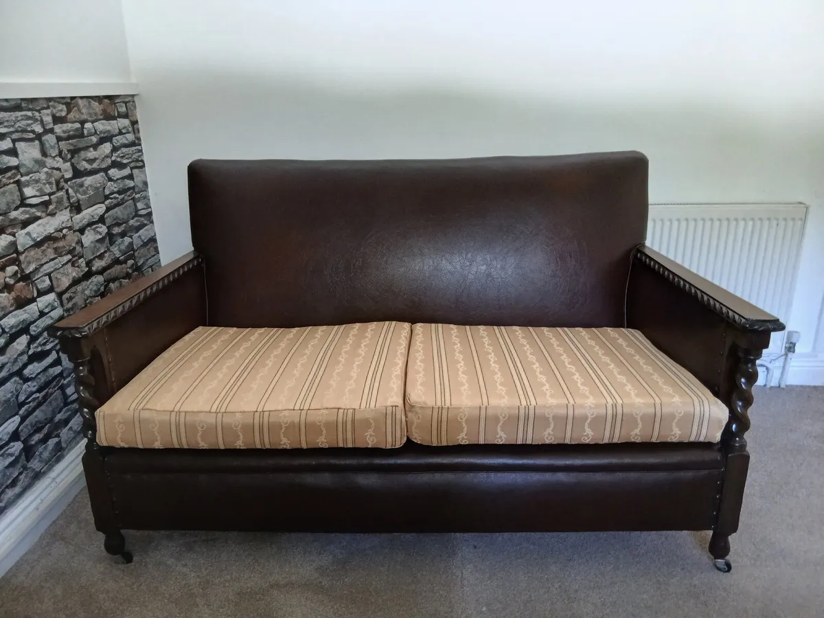 Antique Edwardian Bergere Oak Leather Suite - Image 1