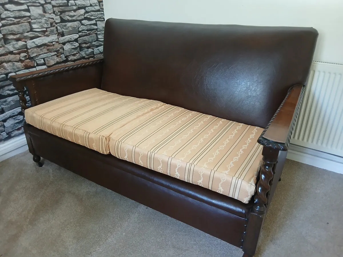 Antique Edwardian Bergere Oak Leather Suite - Image 2