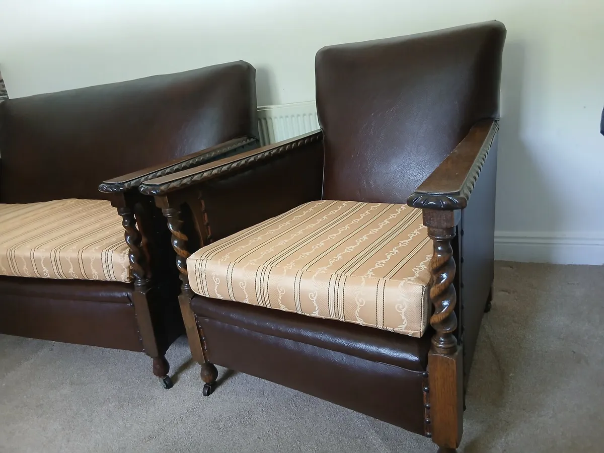 Antique Edwardian Bergere Oak Leather Suite - Image 3