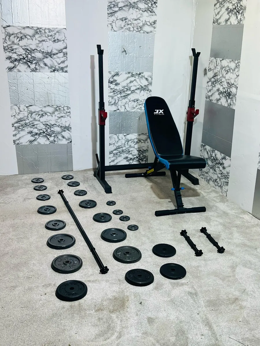 Adjustable rack bench cast iron weights barbell + - Image 1