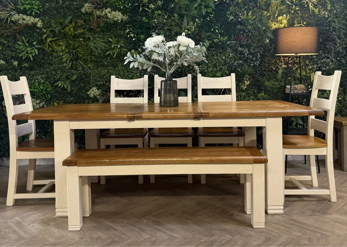 Extending oak kitchen table, 5 chairs & bench - Image 2