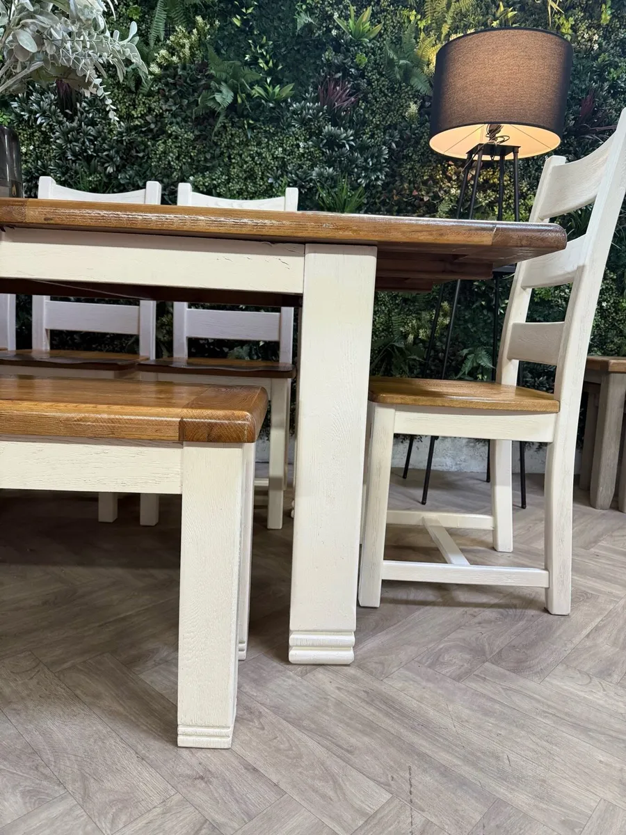 Extending oak kitchen table, 5 chairs & bench - Image 4
