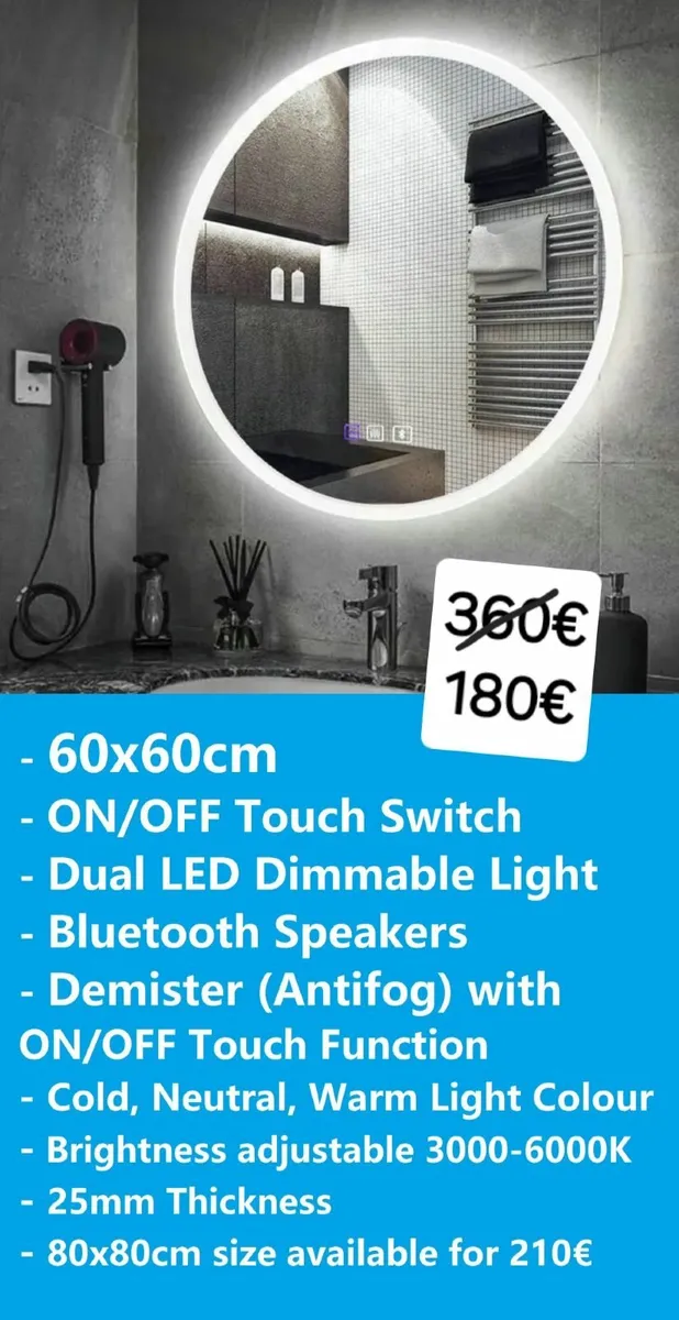 LED Bathroom Mirror 60cm Antifog Bluetooth - Image 1