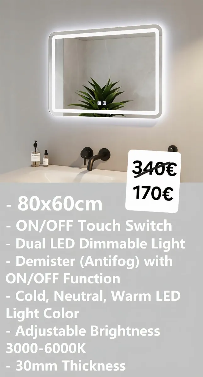 LED Bathroom Mirror Demister Dual LED 80x60cm - Image 1
