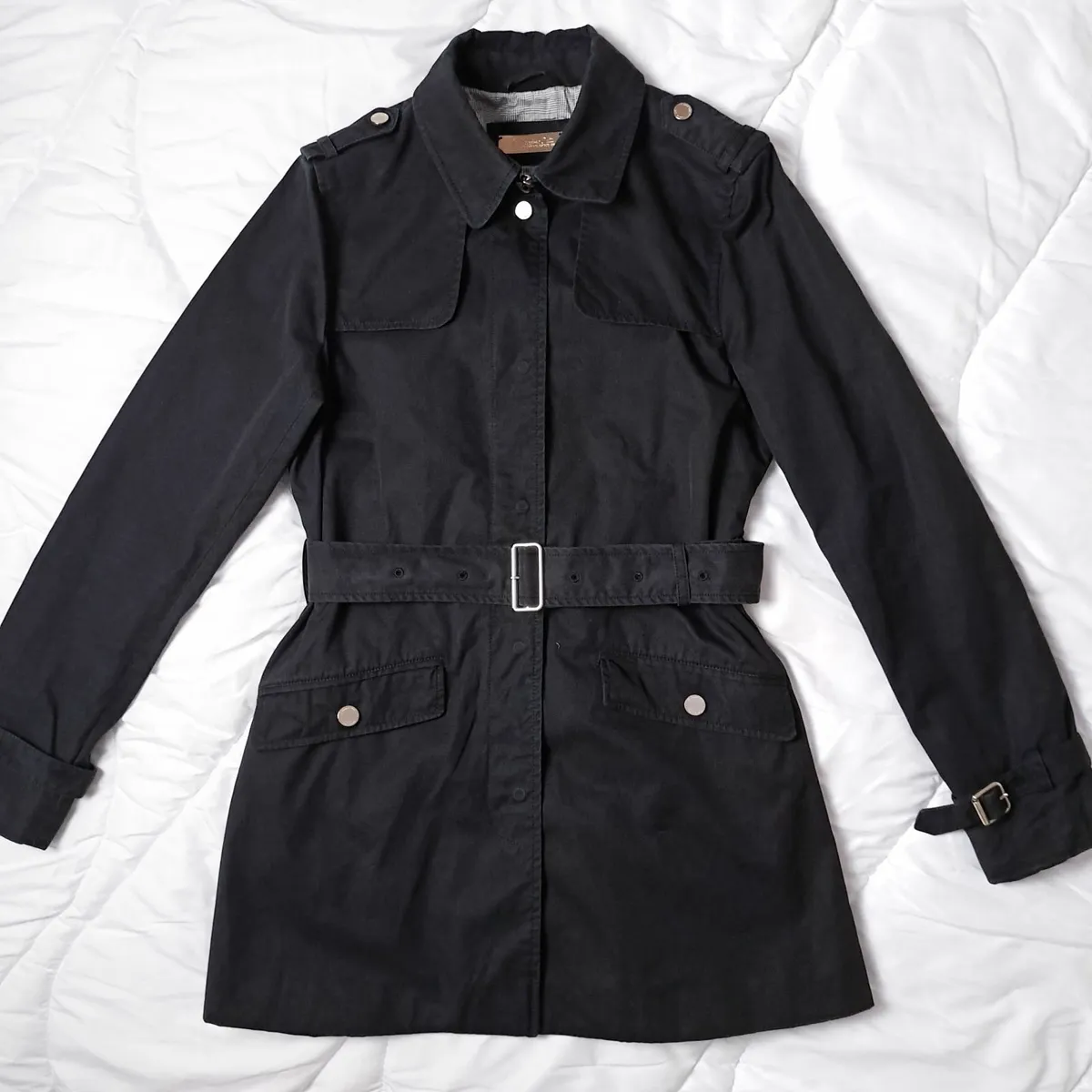 Massimo Dutti Black Belted Trench Coat Jacket M - Image 1