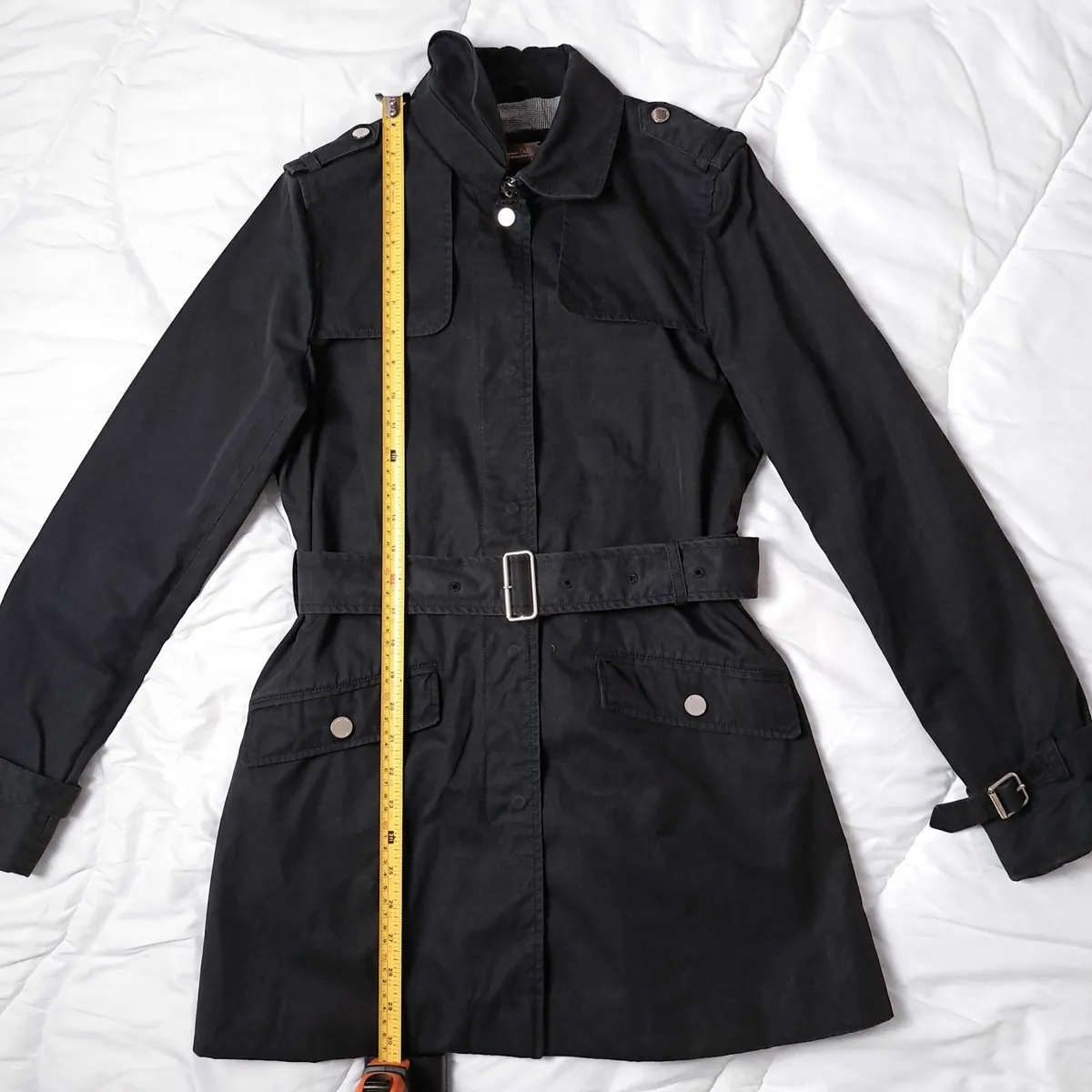 Massimo Dutti Black Belted Trench Coat Jacket M - Image 3