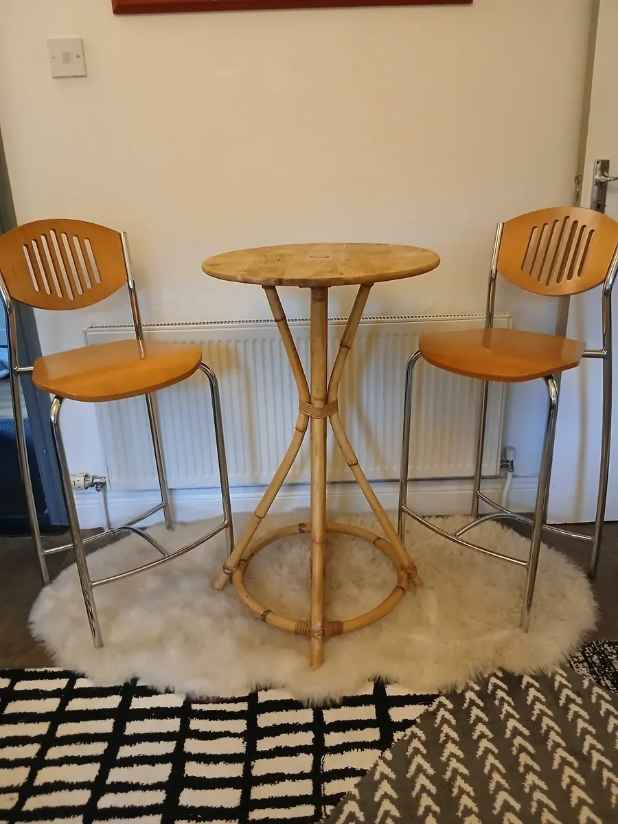 Mid Century Bamboo Bistro Table & Stools. - Image 1