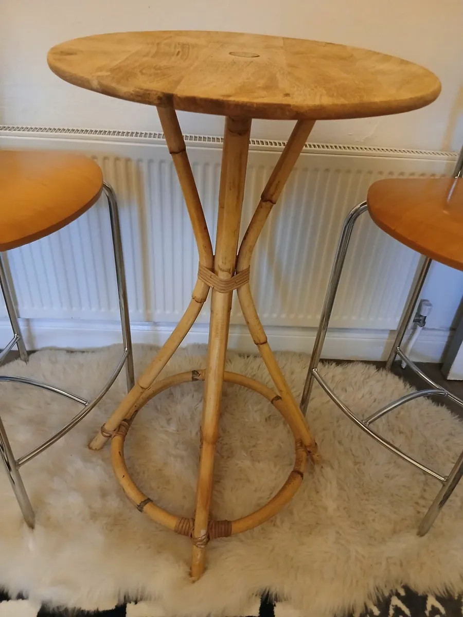 Mid Century Bamboo Bistro Table & Stools. - Image 4