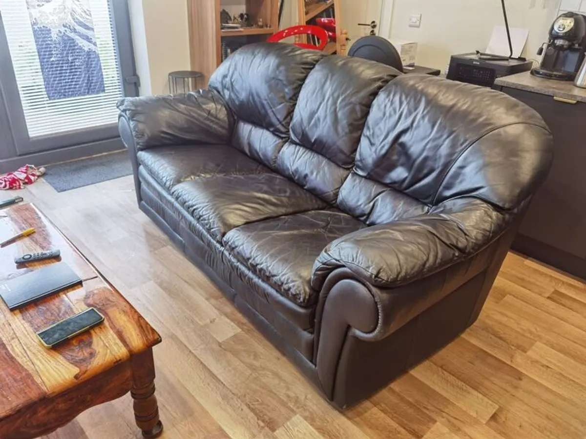 Black leather 3 seater sofa - Image 3