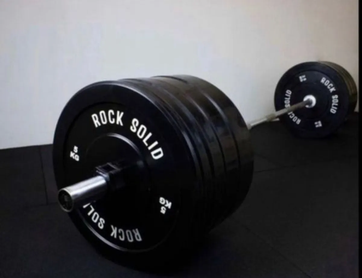 Olympic Barbell and 100kg bumper plates (new) - Image 1