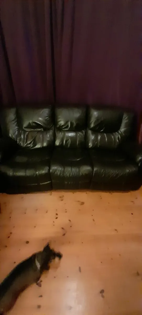 Three Seater Black Leather Sofa Dual Recliners - Image 1