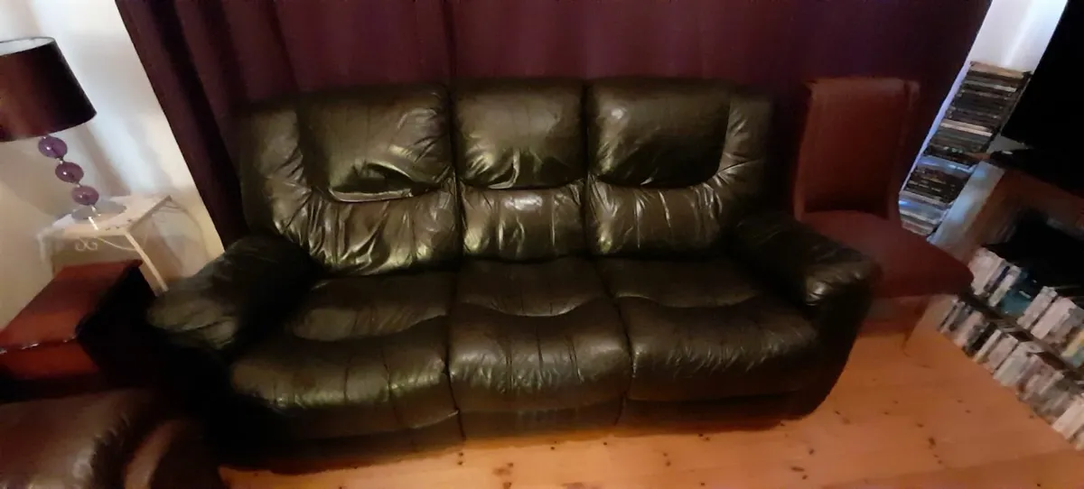 Three Seater Black Leather Sofa Dual Recliners - Image 3