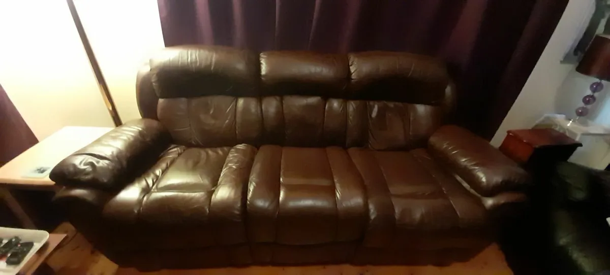 Three Seater Dk Brown Leather Dual Recliner - Image 1