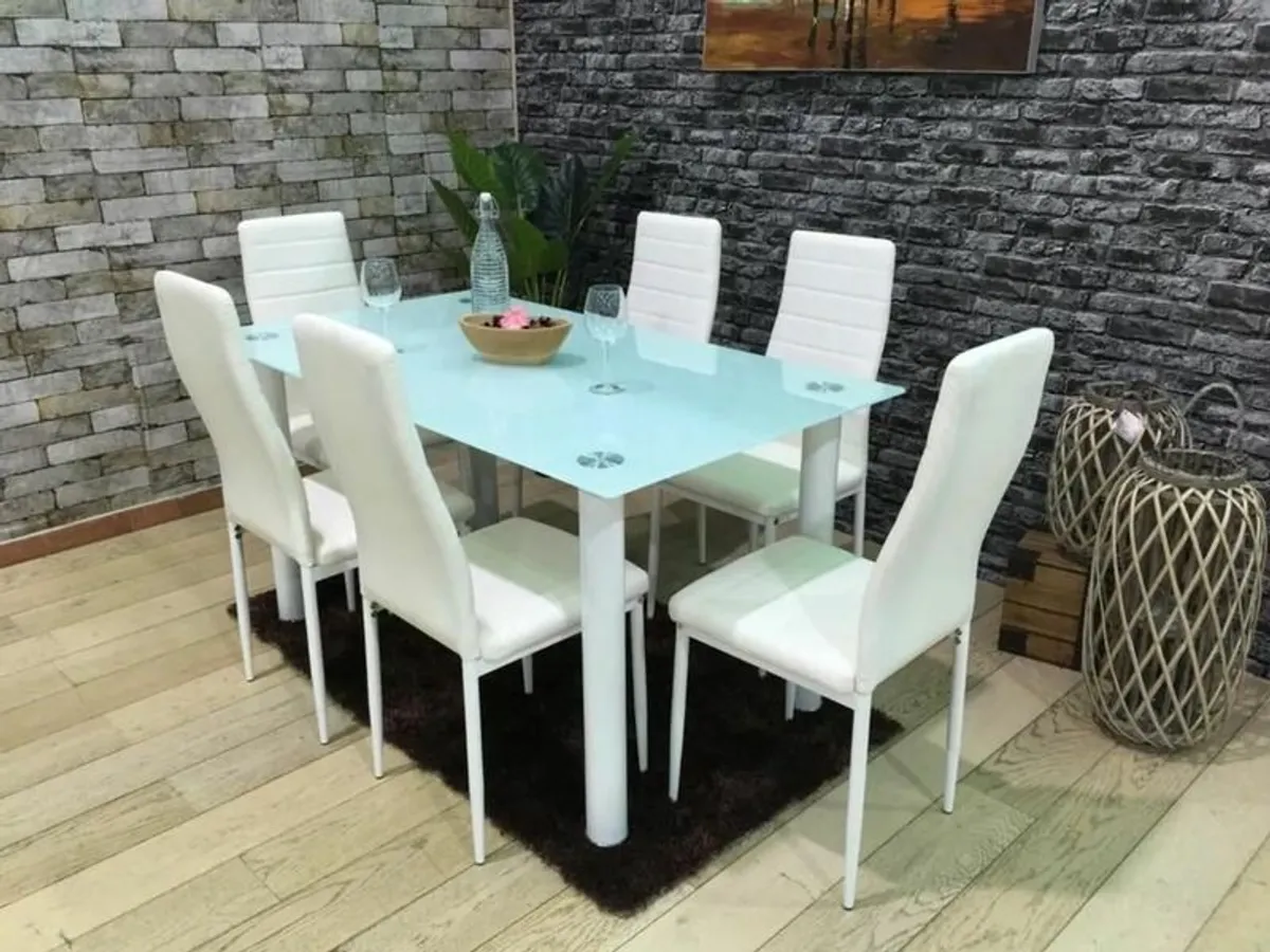 Modern Glass Dining Table Set Seats 6, White - Image 2