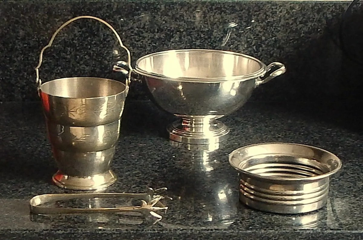 Silver Plated Dish, Ice Bucket & Bottle Coaster - Image 1