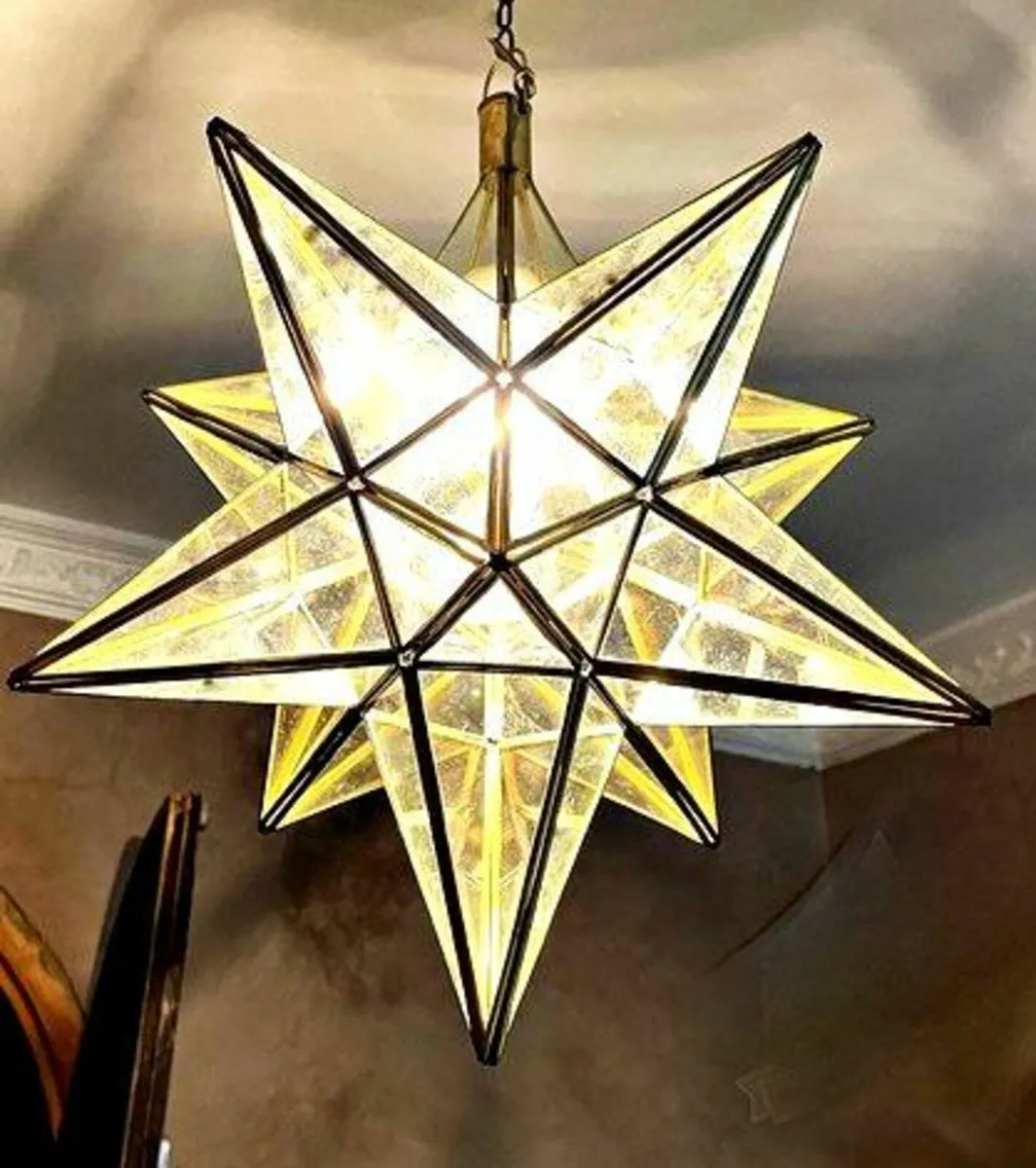 Vintage Harrods Glass & Brass Star Lampshade - Image 1