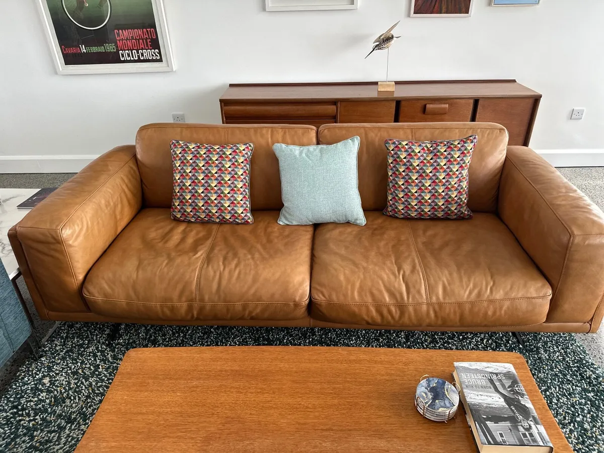 French Connection Tan Leather Sofa - Image 4