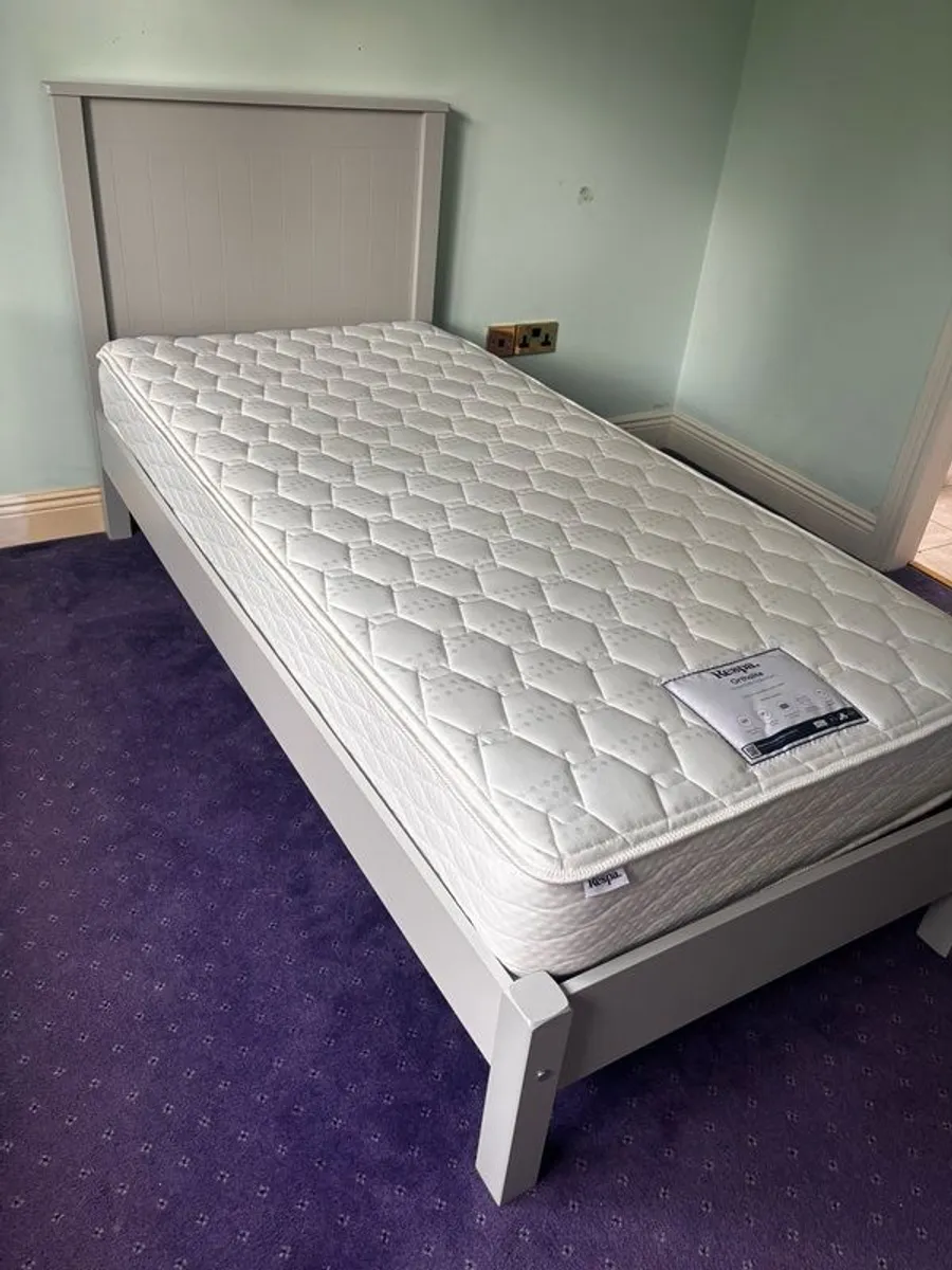 Pale grey wooden single bed with mattress - Image 1