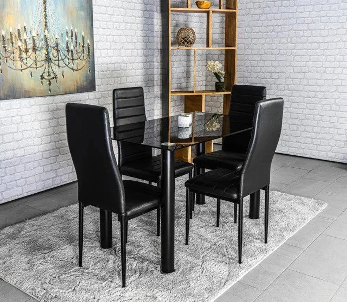 Compact Glass Dining Table Set Seats 4 , Black - Image 1