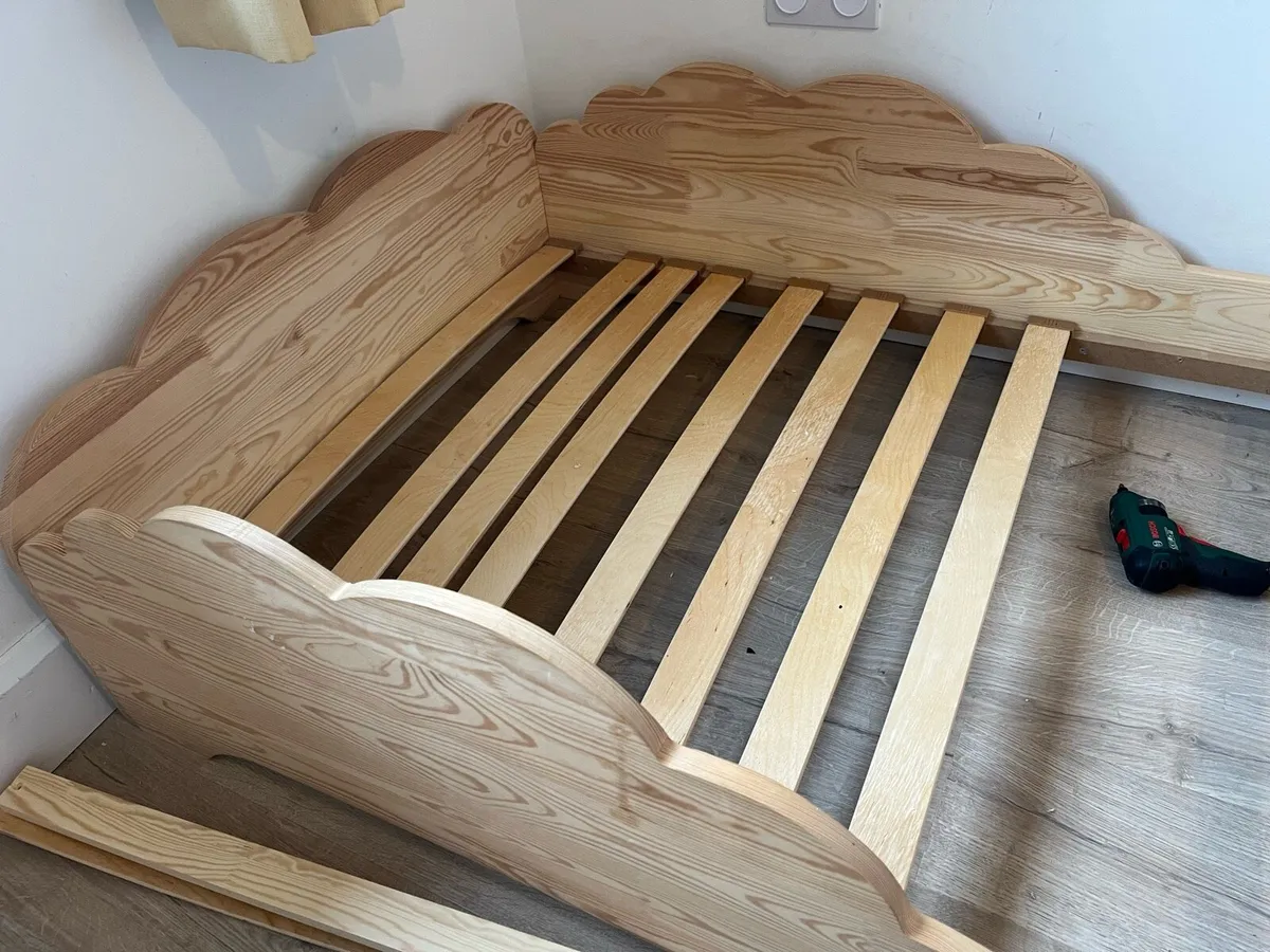 Kids french wooden (oak) bed frame with mattress - Image 4