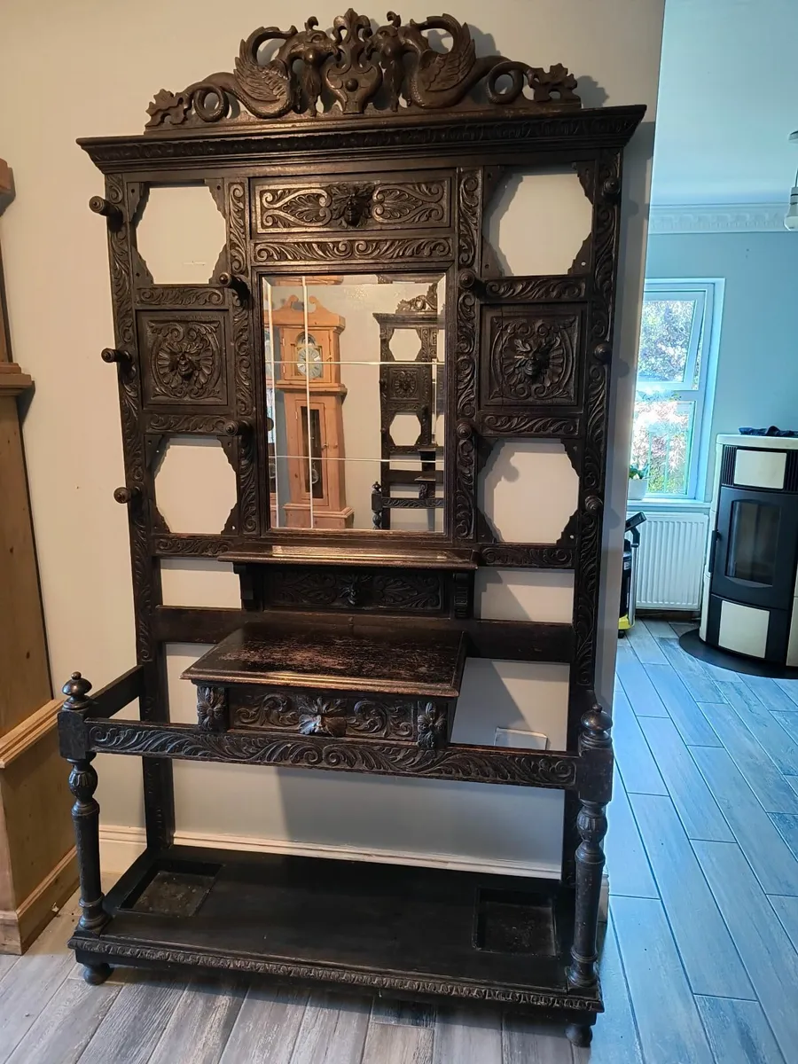 Antique Victorian Carved Solid Oak Hall Stand - Image 1