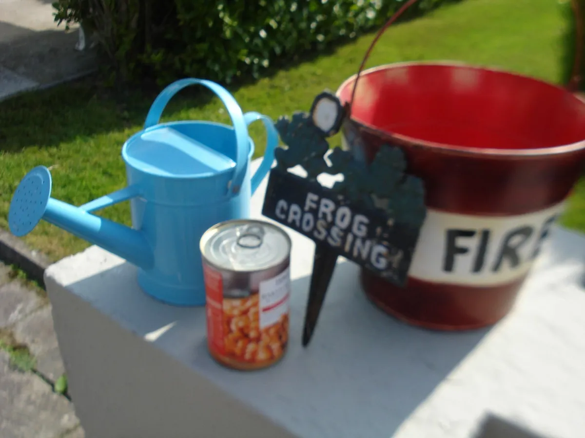 GARDEN FUN METAL BUCKET, WATER CAN & FROG SIGN. - Image 1