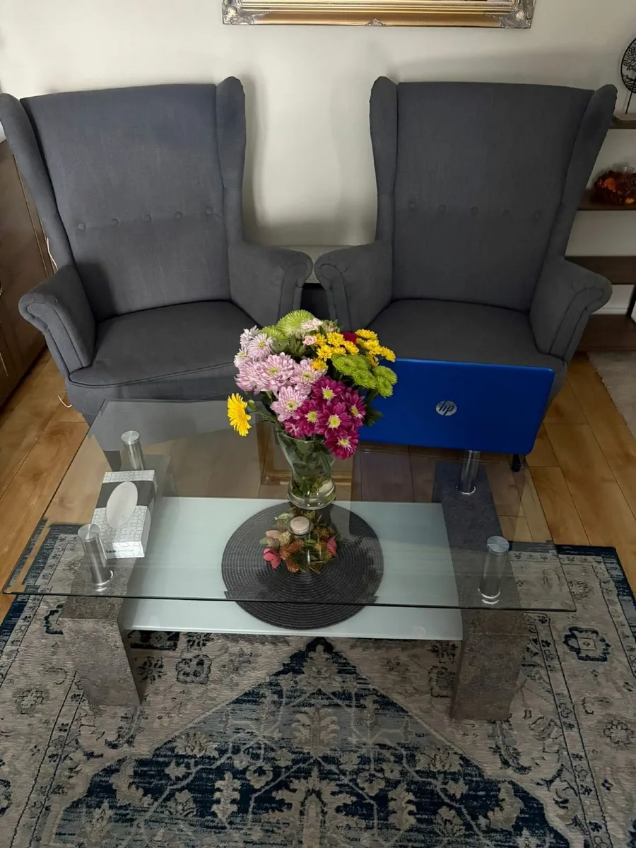 Armchairs,  Glass table and Bookcase with 2 drawer - Image 2