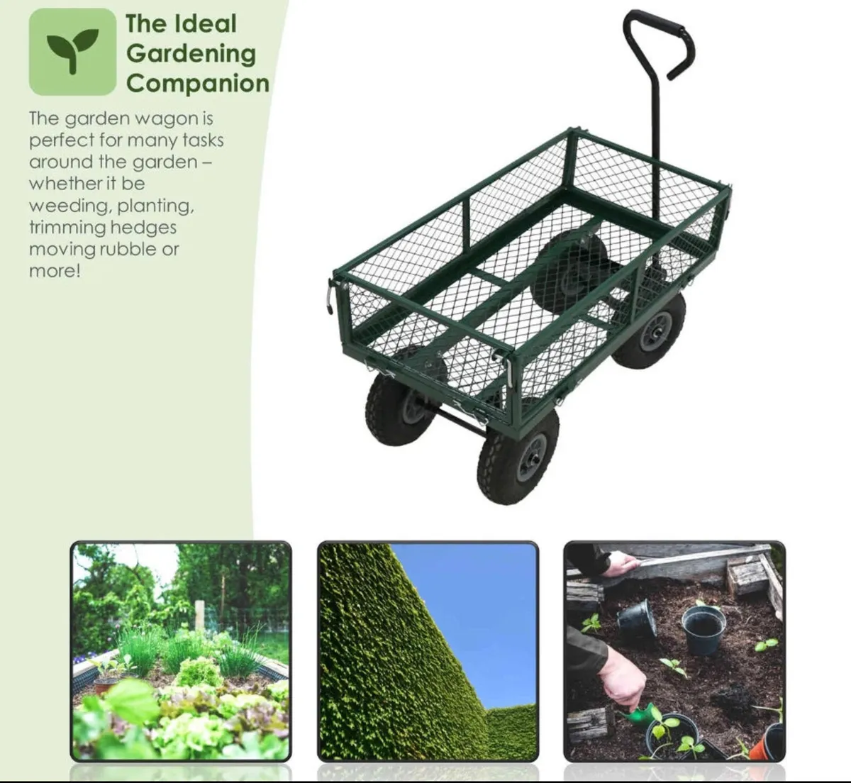 Heavy Duty Metal Green Garden Cart Utility Trolley - Image 1