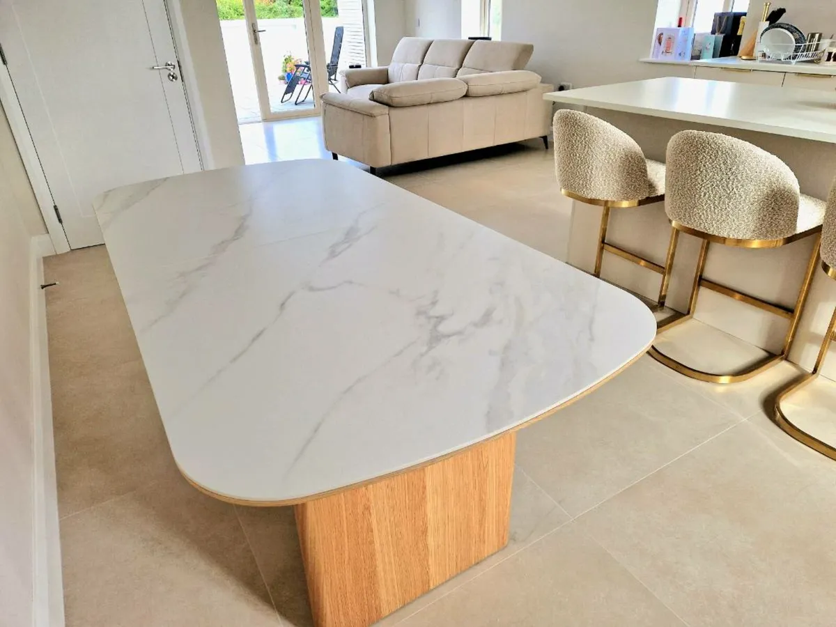 White Marble Ceramic & Oak Dining Table (As New) - Image 1