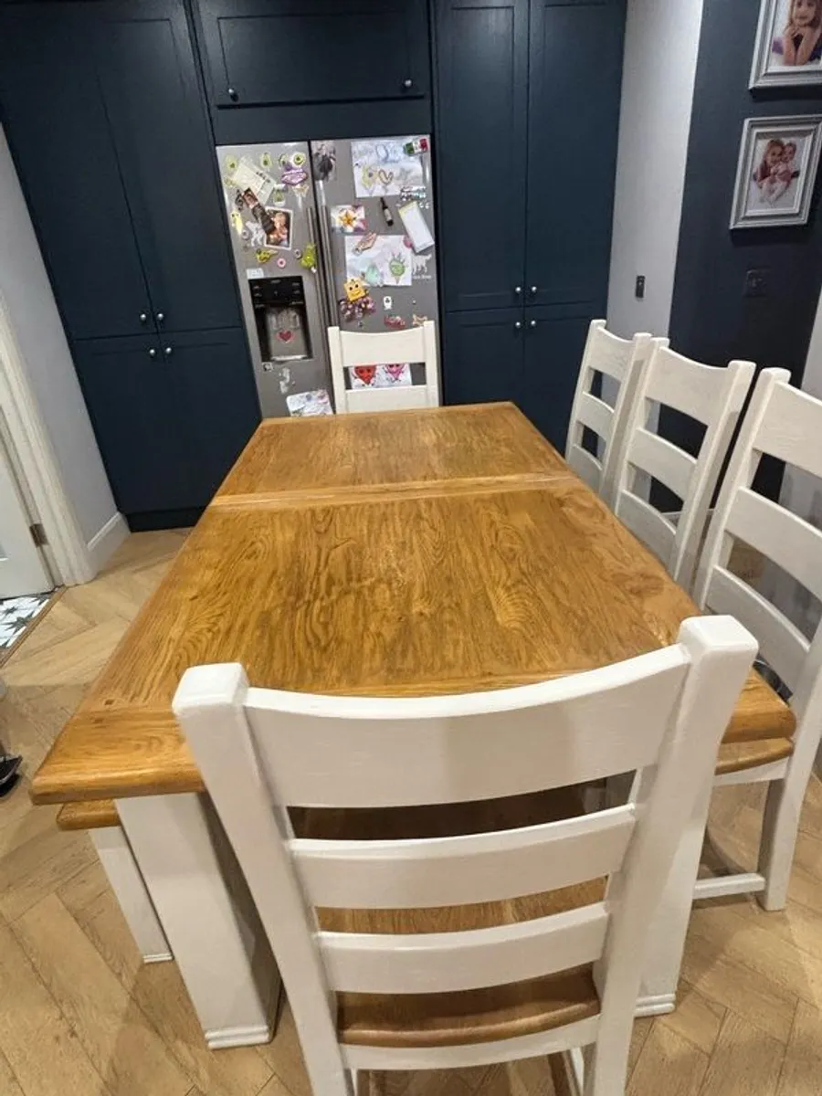 Large Solid Oak Extendable Dining Table , 5 Chairs & Bench - Image 1